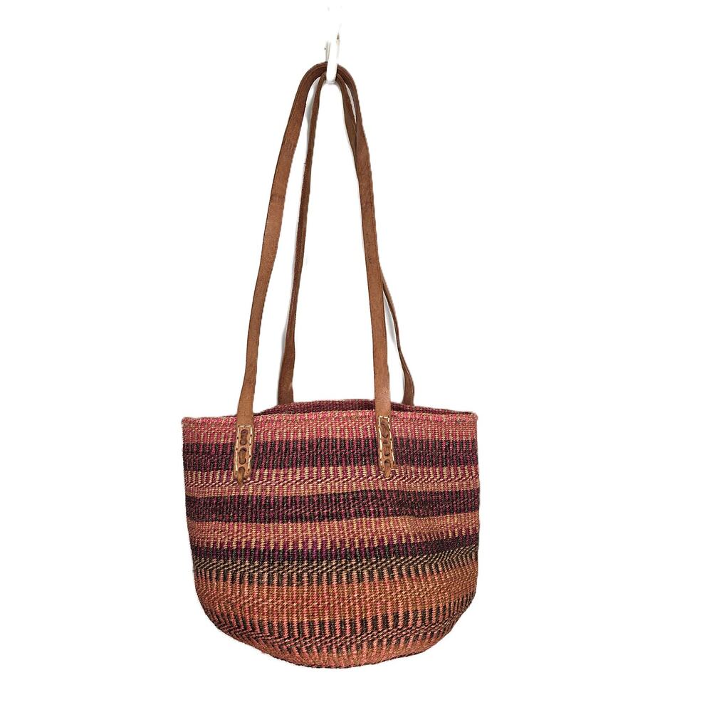 Vintage Woven Sisal Market Basket Tote Bag Leather Handles Raffia - Picture 3 of 8